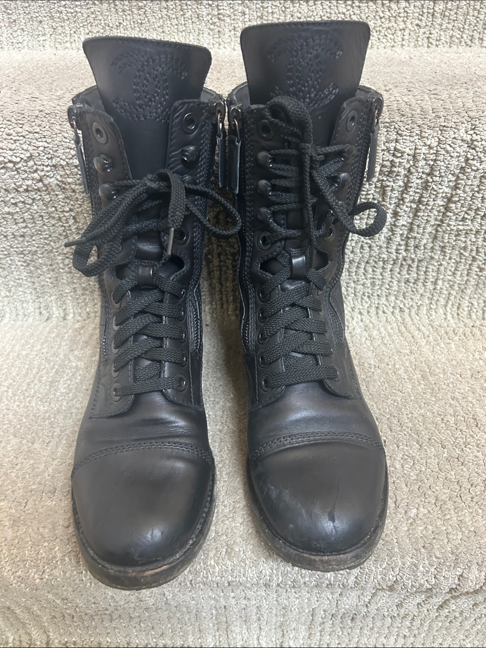 CHANEL Black Leather Lace-Up Combat Boots